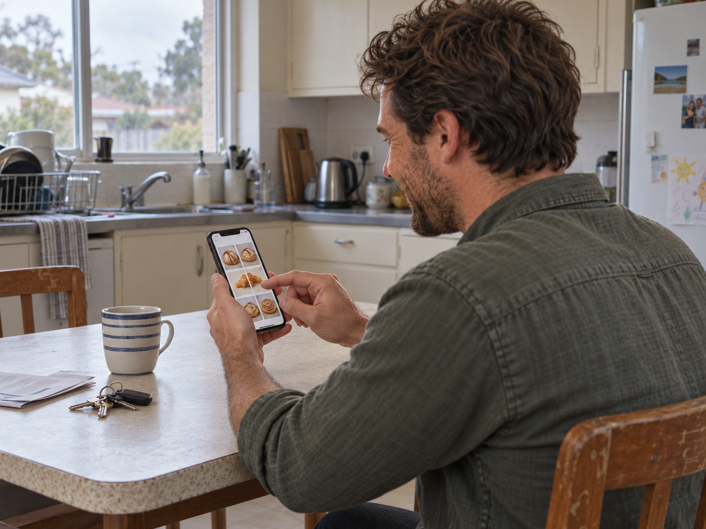 Illustrative photo of a customer preordering bread and pastries on his phone at home