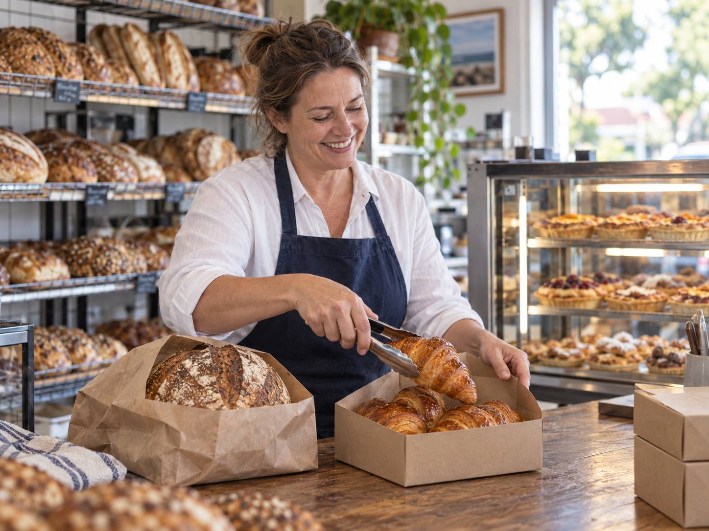Illustrative photo of a baker packing a pastry box beside a sourdough loaf