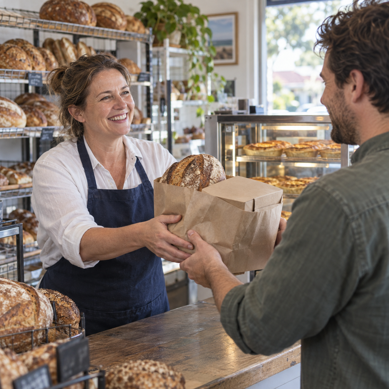 Illustrative scene of a bakery owner handing over a bag of bread and boxed food ordered ahead for collection