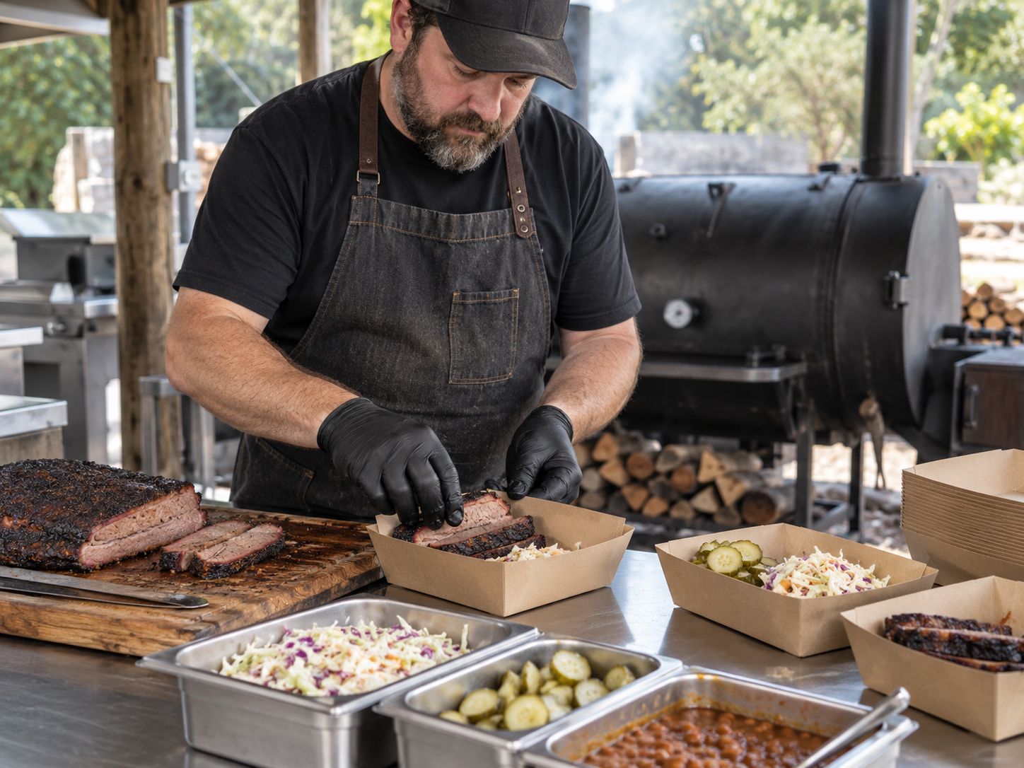 Illustrative smokehouse pitmaster packing brisket and sides into takeaway trays
