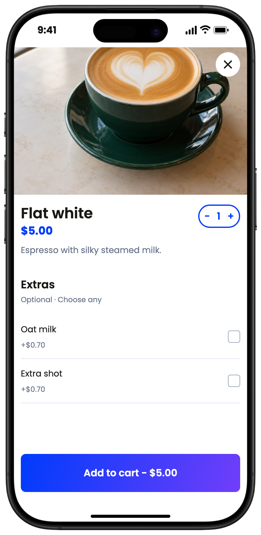 Illustrative Daisy’s Coffee item choices and paid ordering on Ywait