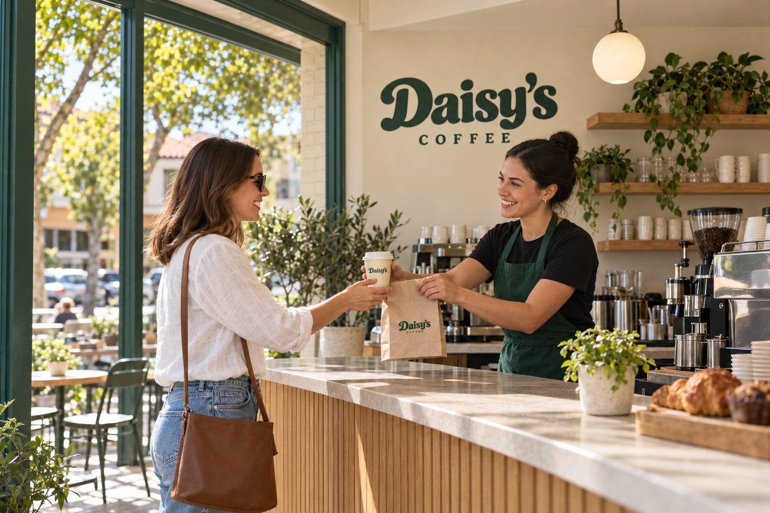 Illustrative customer collecting an order from fictional Daisy’s Coffee