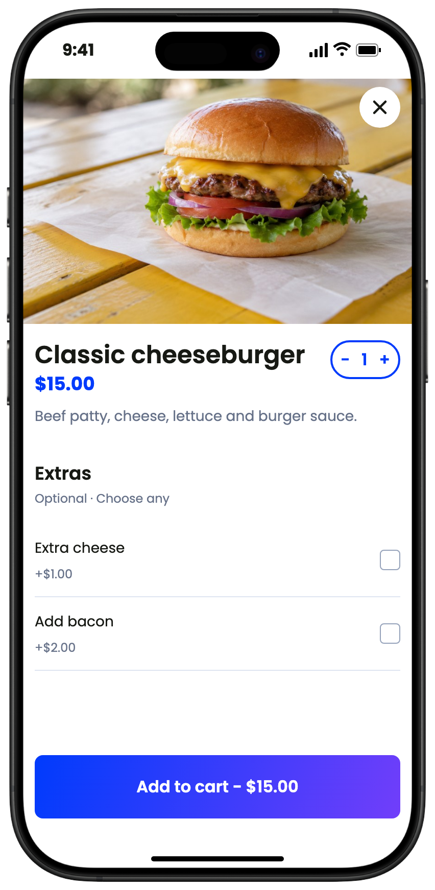 Illustrative Jack’s Burgers item choices and paid ordering on Ywait