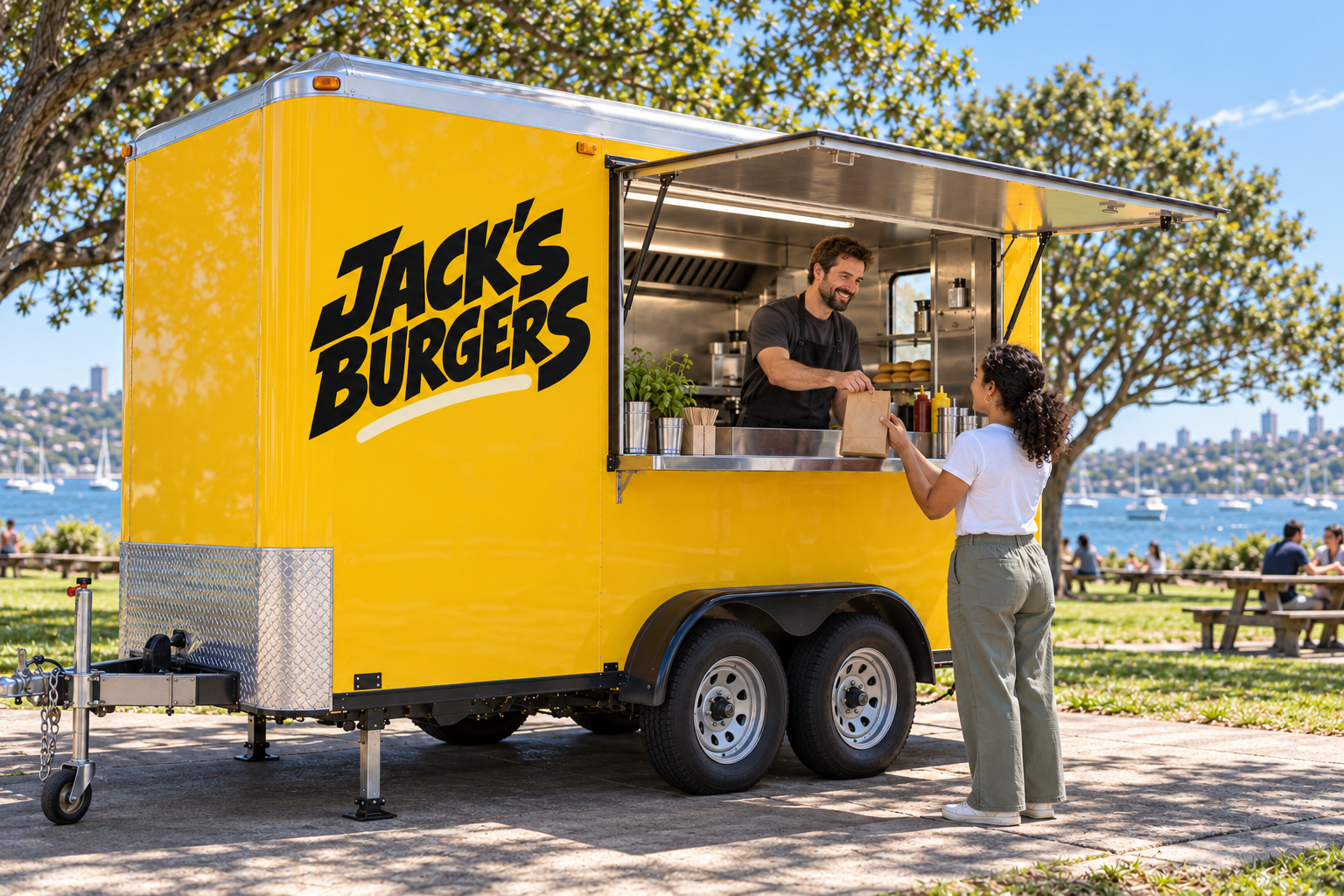 Illustrative customer collecting an order from fictional Jack’s Burgers