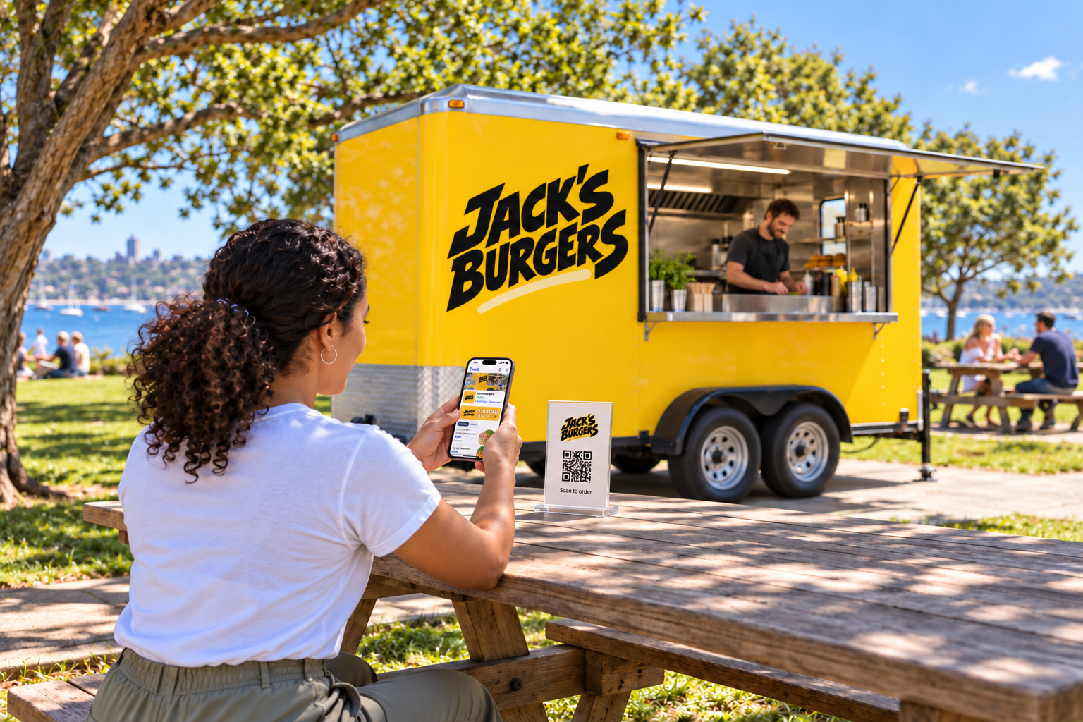 Illustrative Jack’s Burgers customer using a sample ordering QR code; not a live ordering code