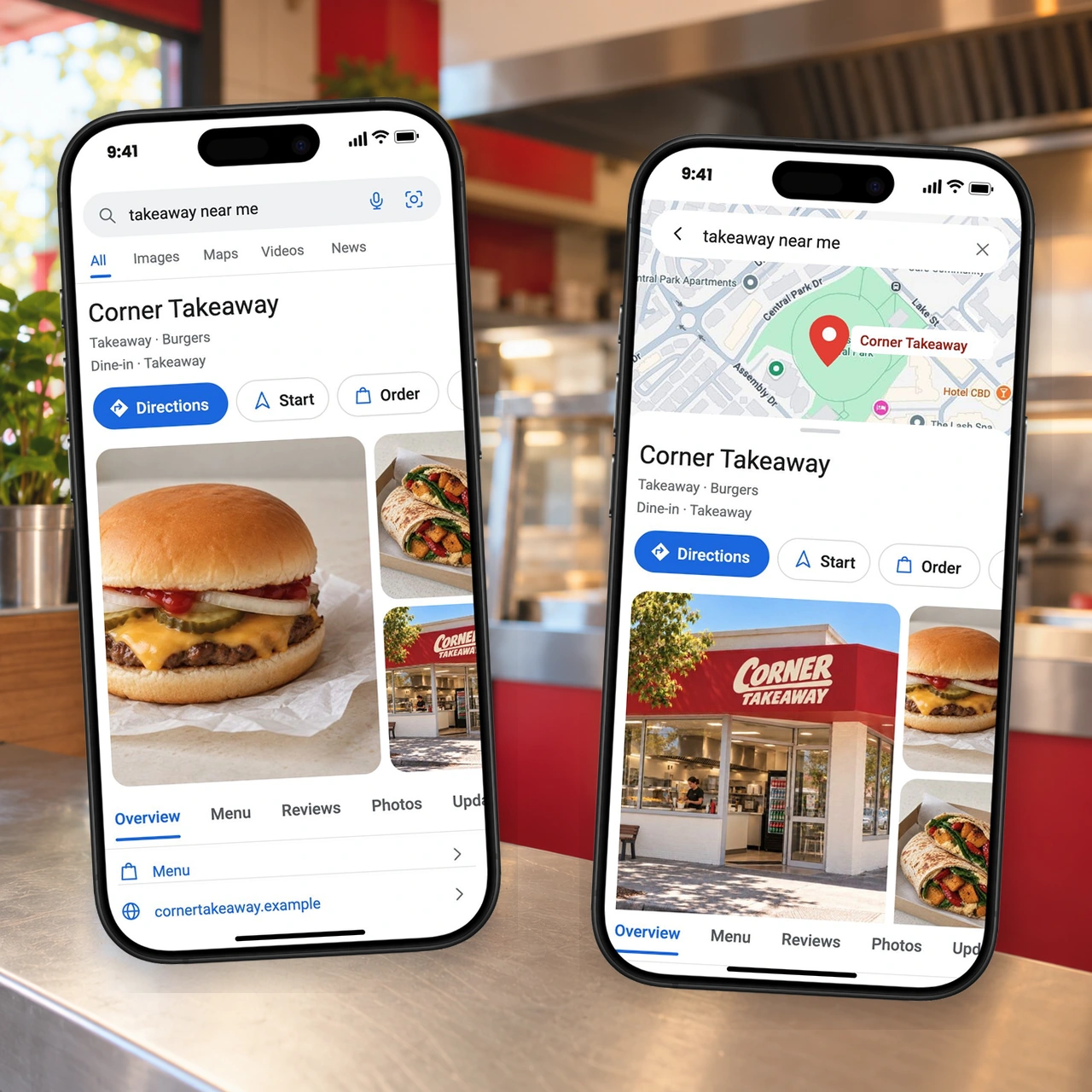 Illustrative Corner Takeaway Google Search and Maps listings with links to order