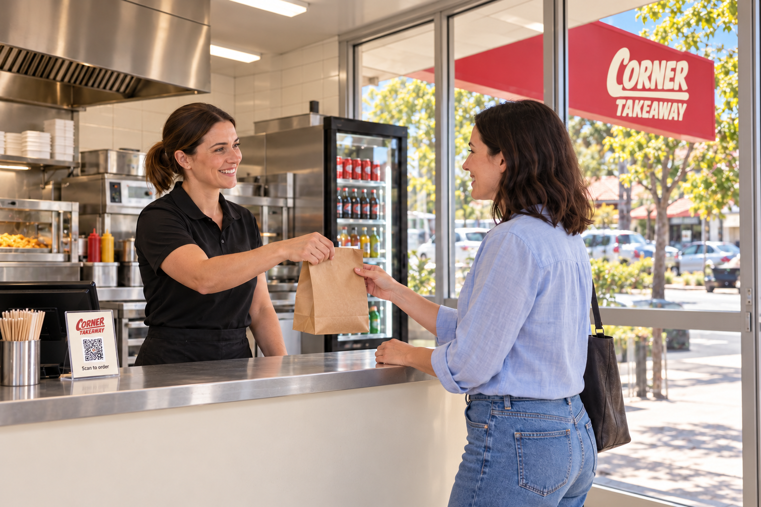 Illustrative customer collecting an order from fictional Corner Takeaway