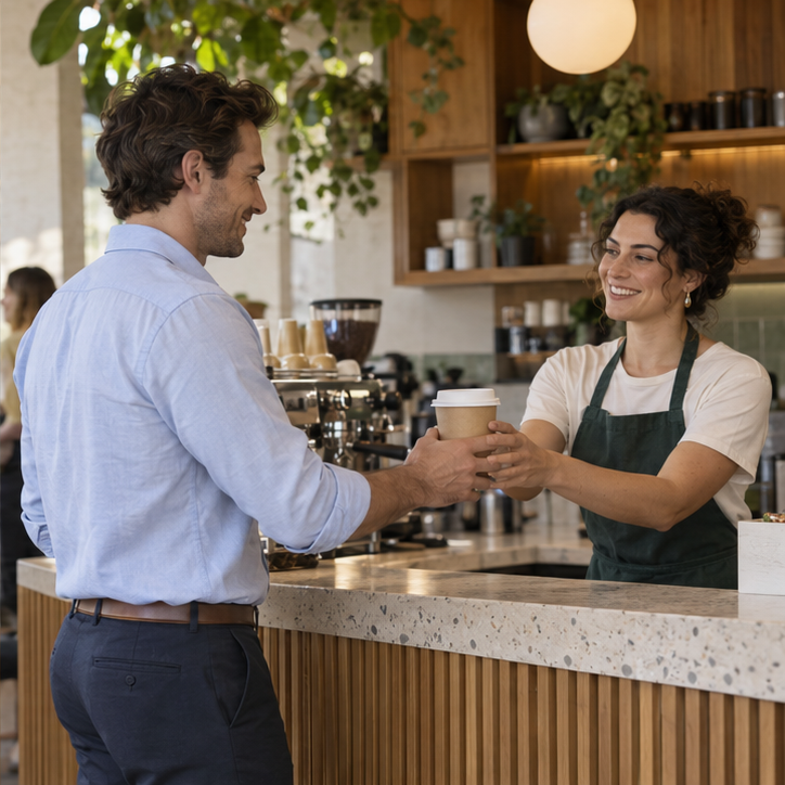 Illustrative Melbourne-style café scene of an office worker collecting coffee from a barista