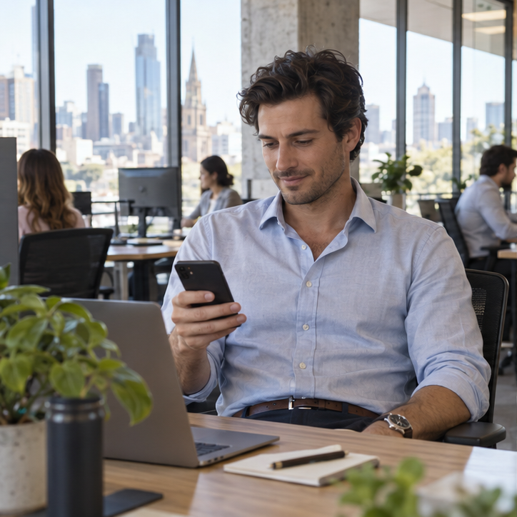 Illustrative photo of an office worker ordering coffee on his phone at his desk