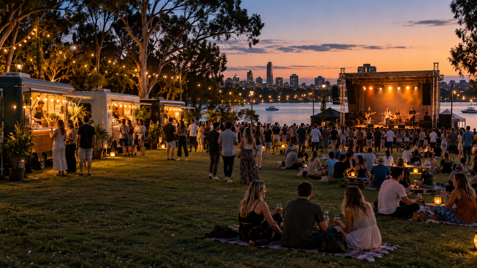 Illustrative riverside festival with live music, food trucks and friends at sunset