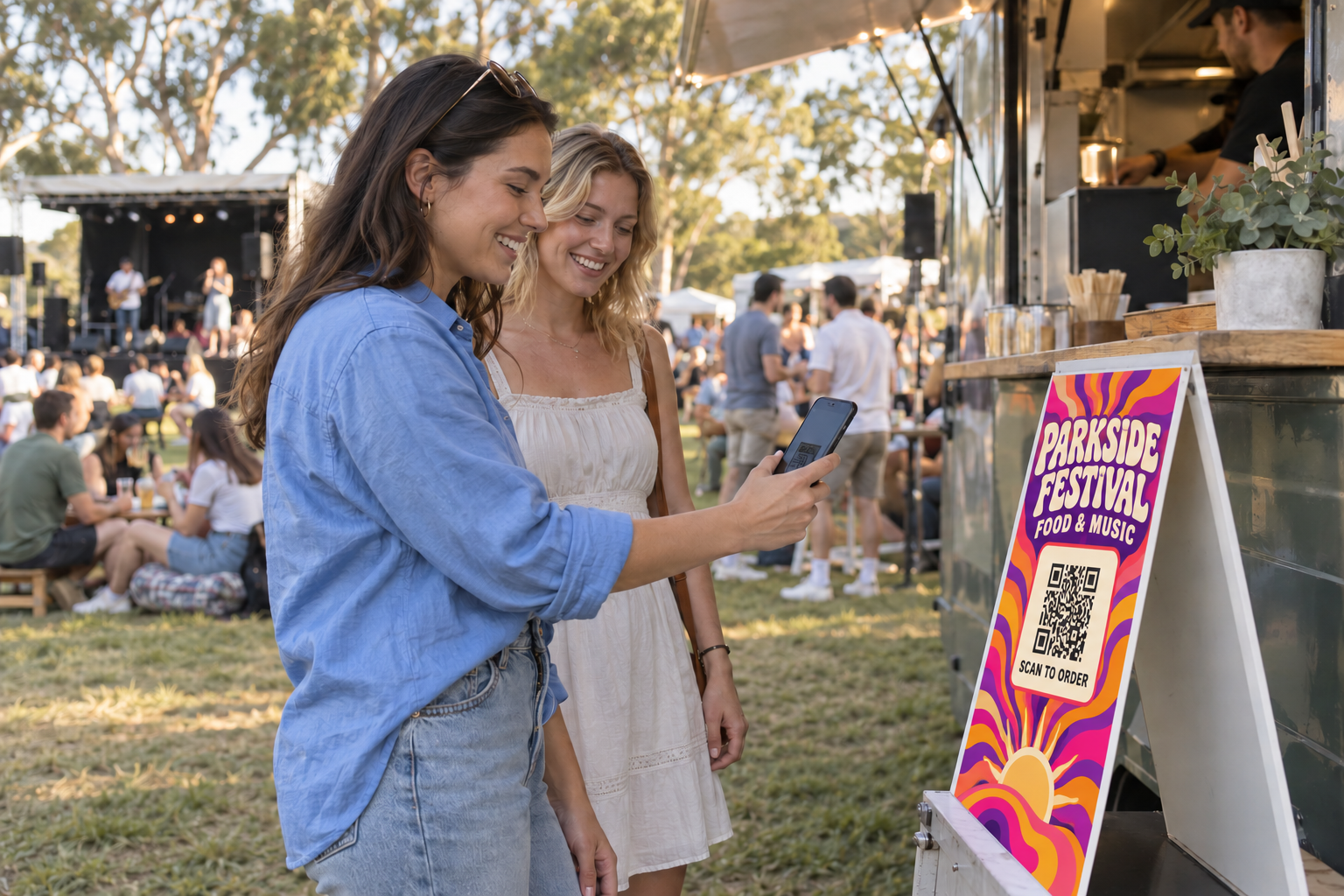 Illustrative guests scanning a psychedelic Parkside Festival poster at an outdoor event