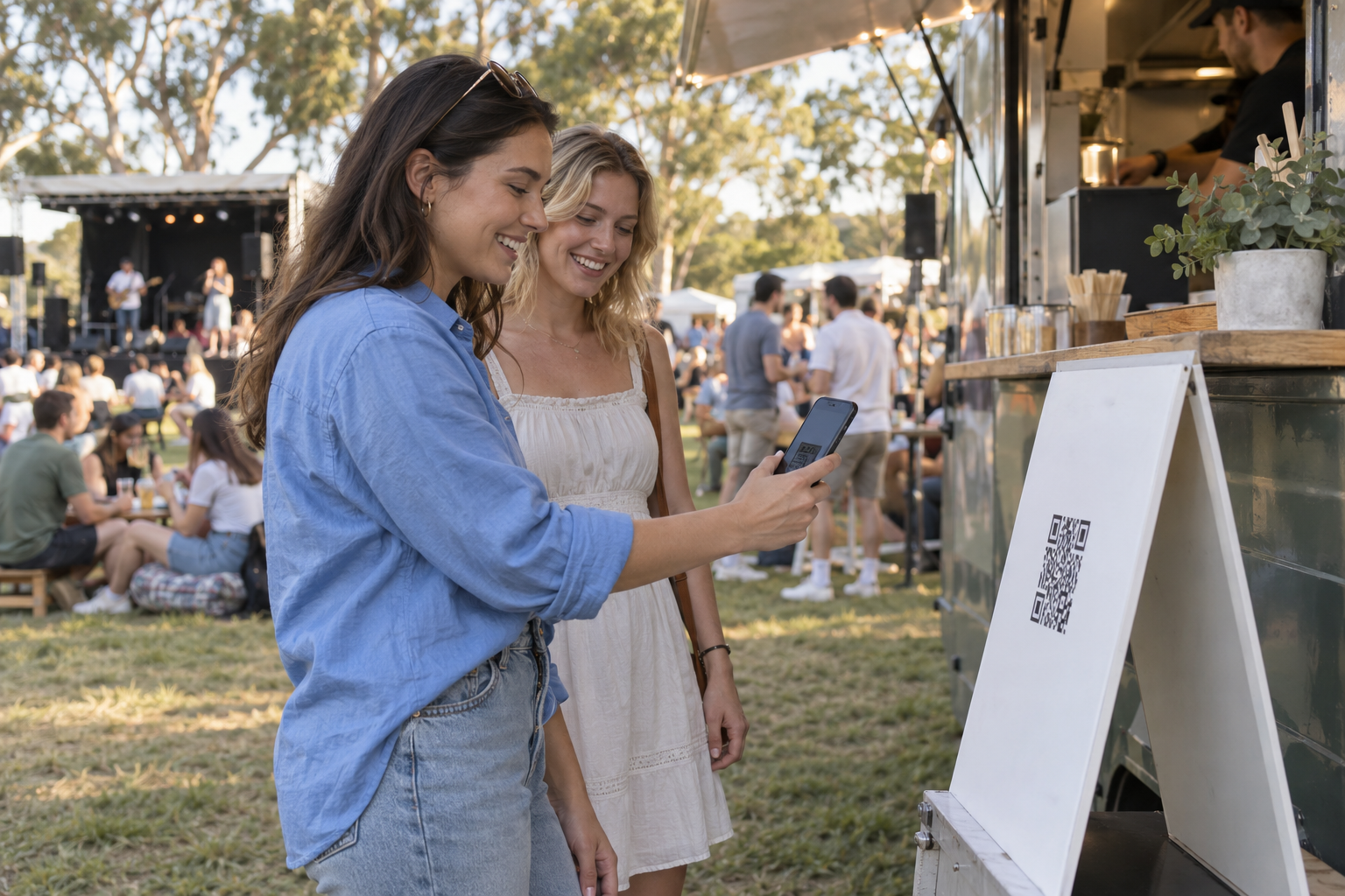 Illustrative scene of casually dressed guests scanning an ordering sign at an outdoor event