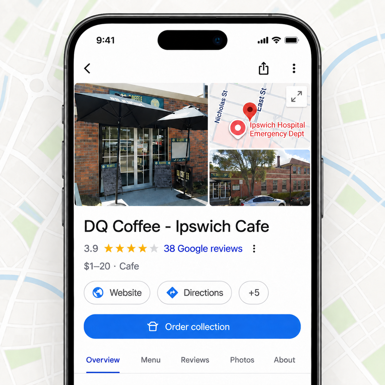 Example of an ordering link on DQ Coffee’s Google listing