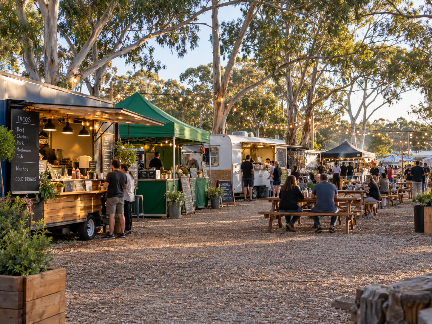 Illustrative view of Australian community market food stalls and shared seating