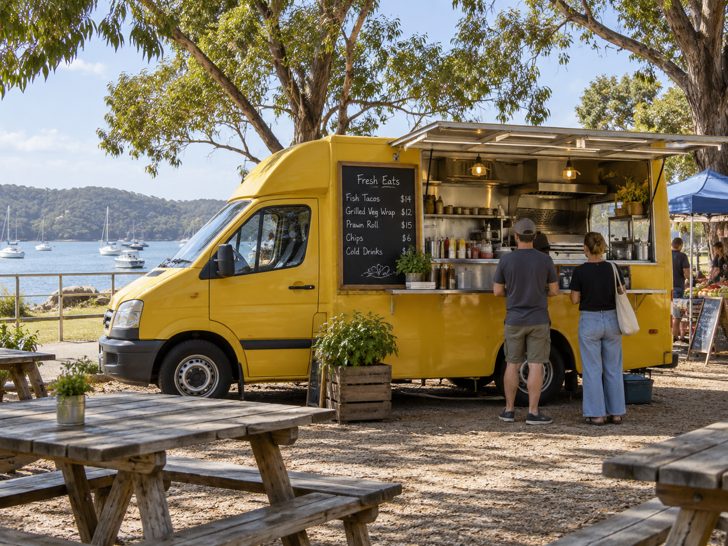 Illustrative view of a food truck at an Australian waterfront market