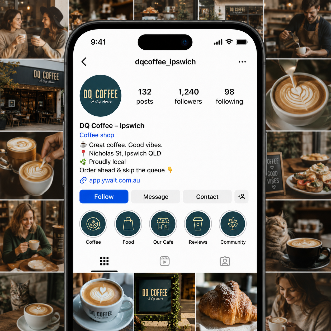 DQ Coffee’s Instagram profile with a link to order online