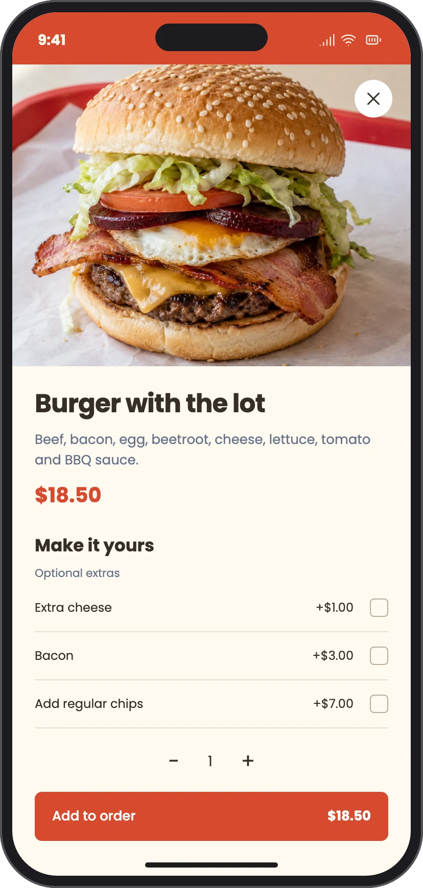Illustrative Sunny’s burger options, extras and online payment