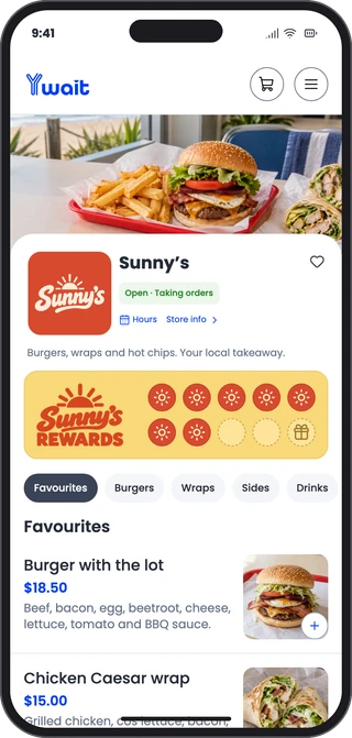 Sunny’s illustrative menu and rewards on Ywait