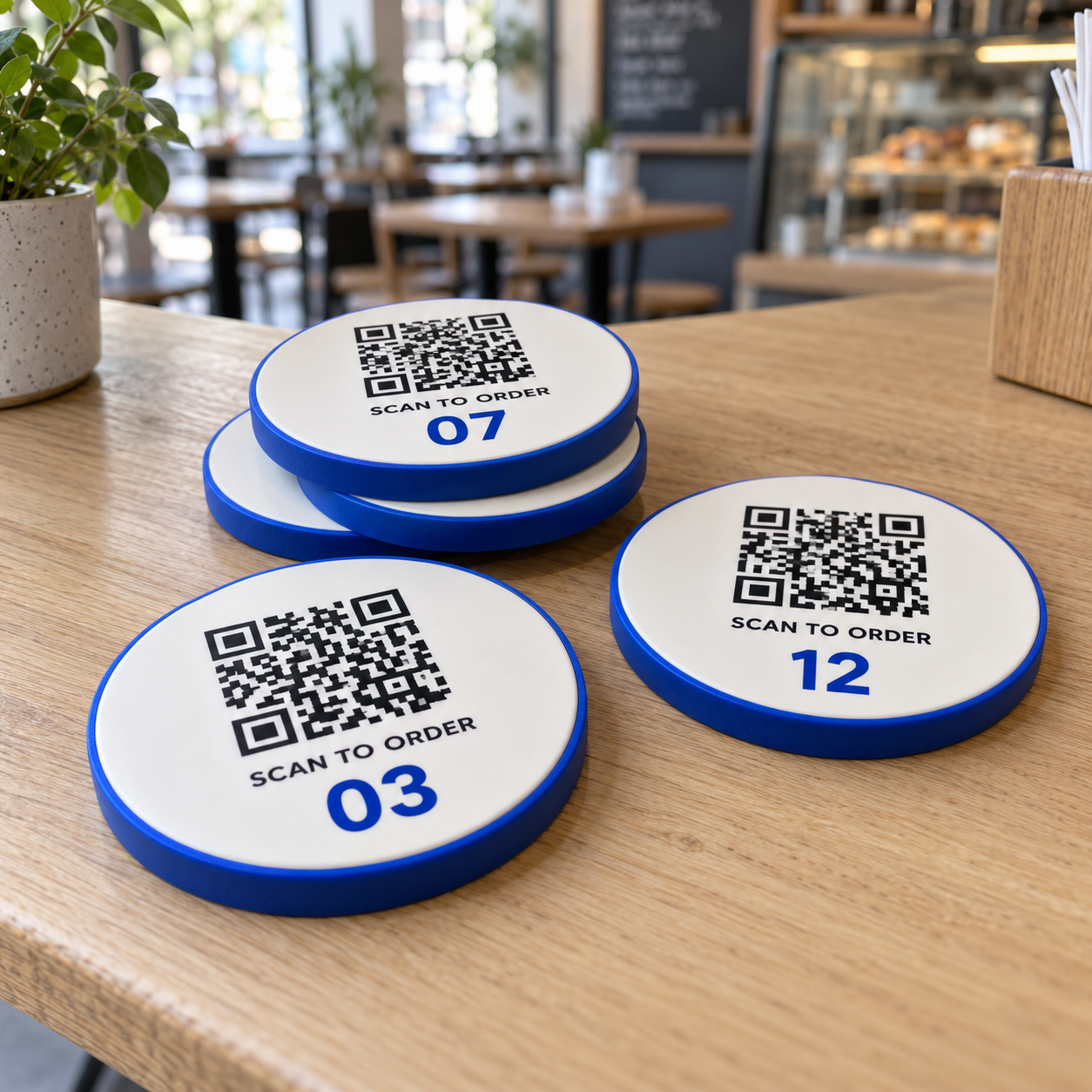 Illustrative arrangement of café table QR pucks with printed table numbers