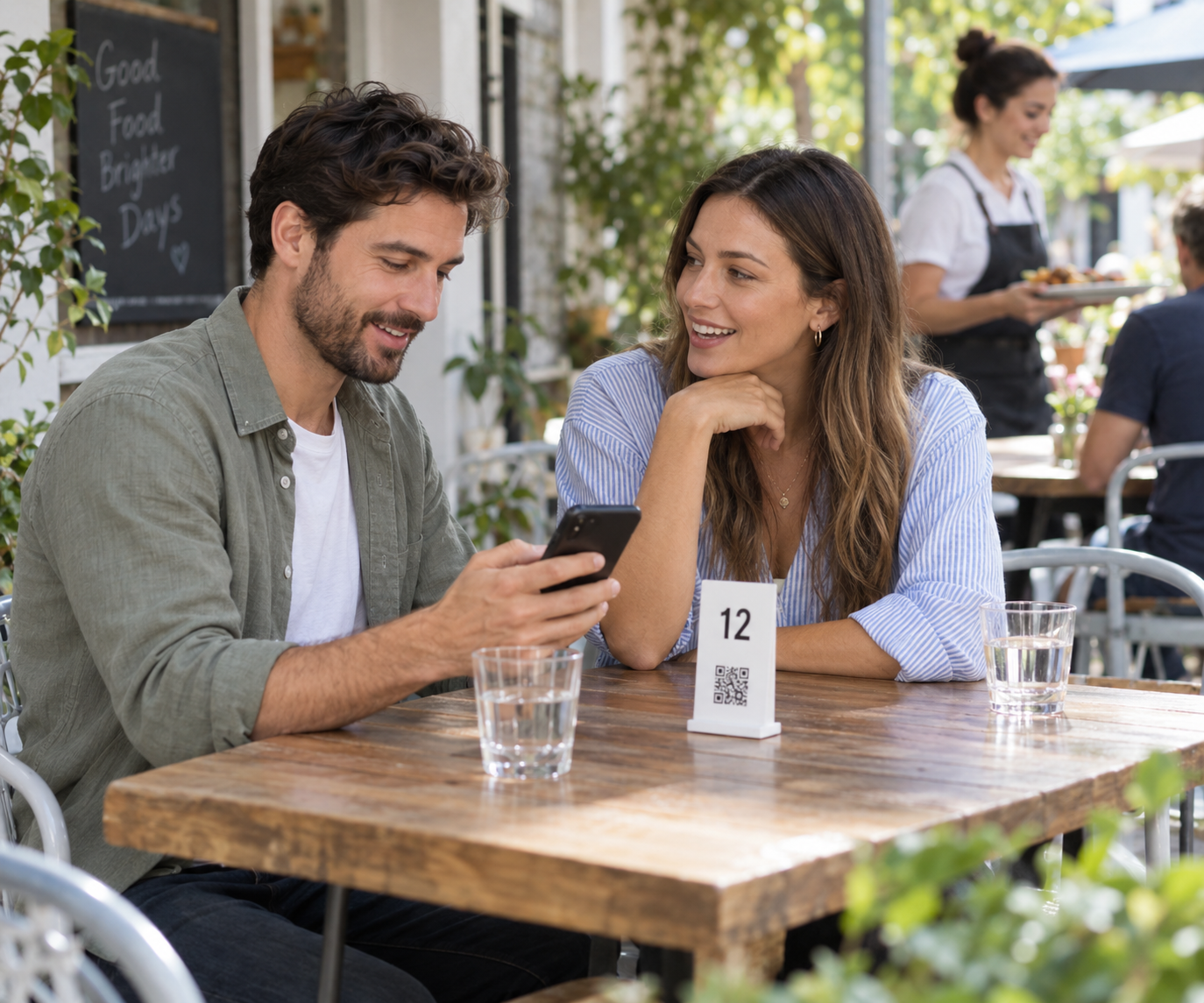 Illustrative customers opening a café menu at a numbered table