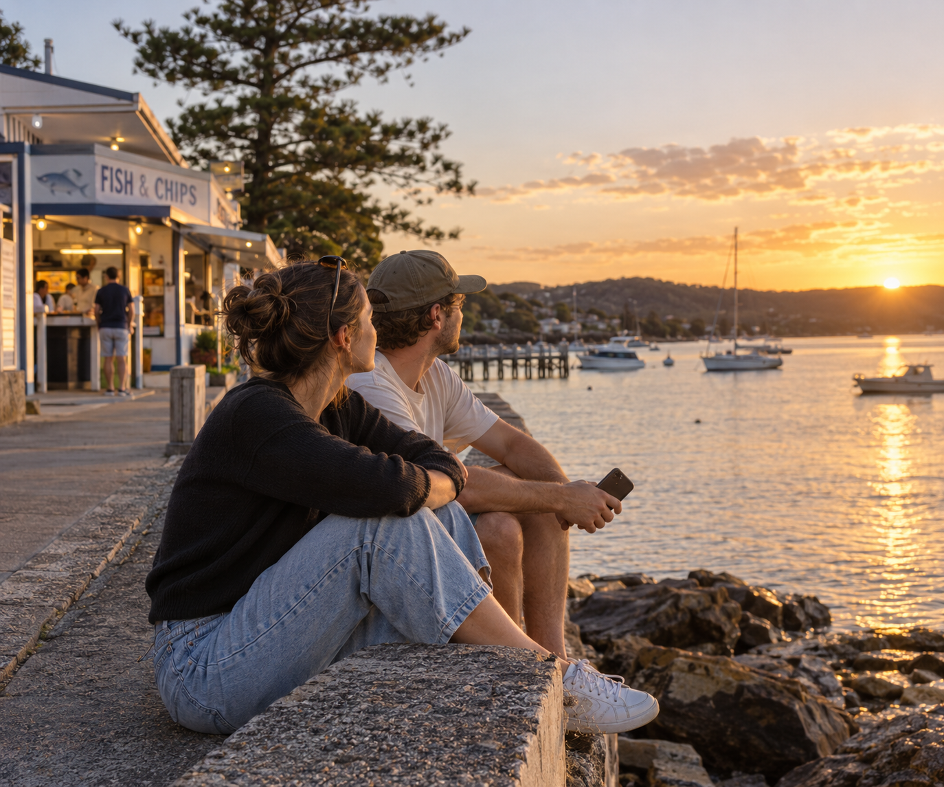 Illustrative scene of customers enjoying the sunset by the water while a nearby fish and chip shop prepares their order