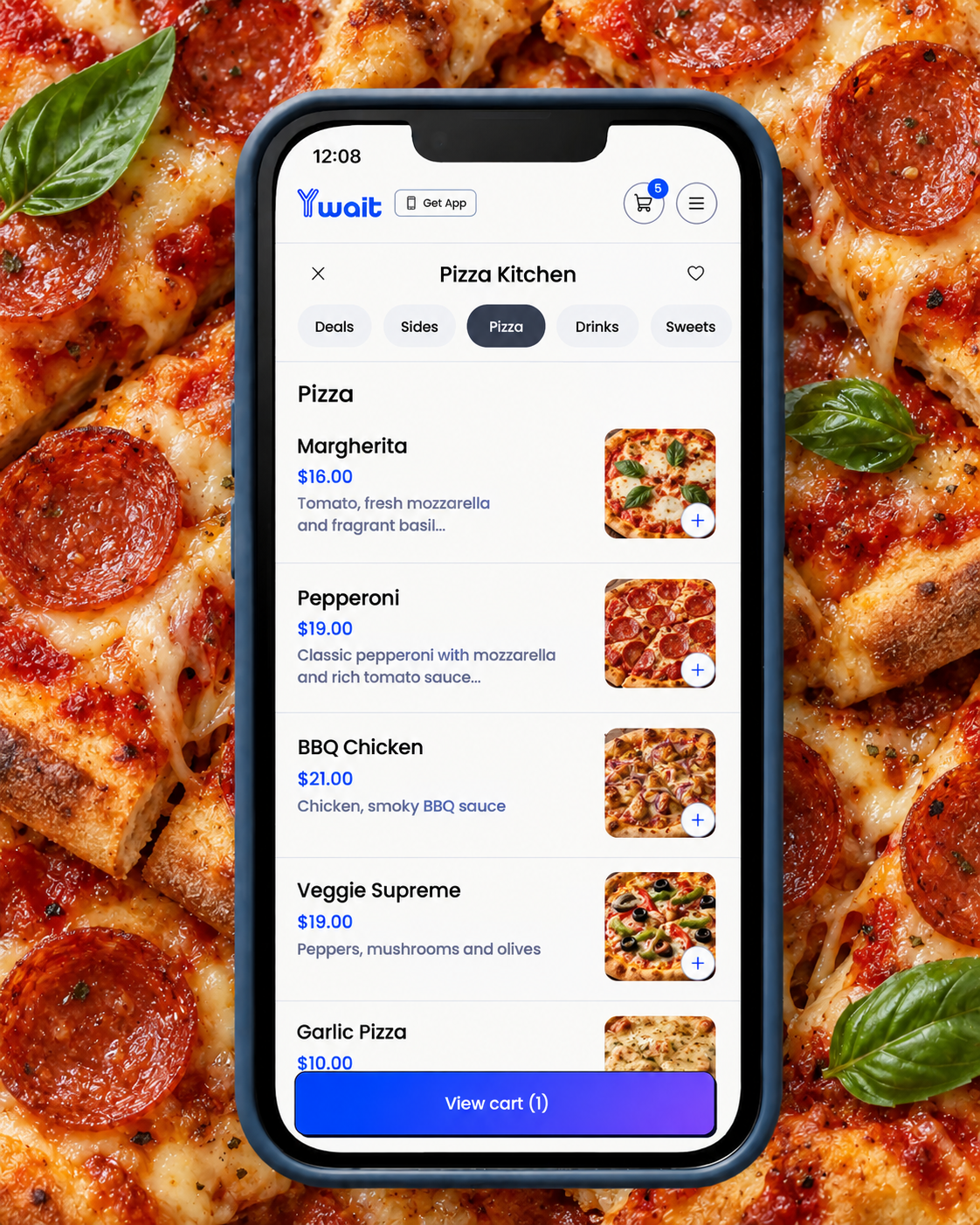 Illustrative pizza ordering menu showing pizzas and categories for sides, drinks and sweets