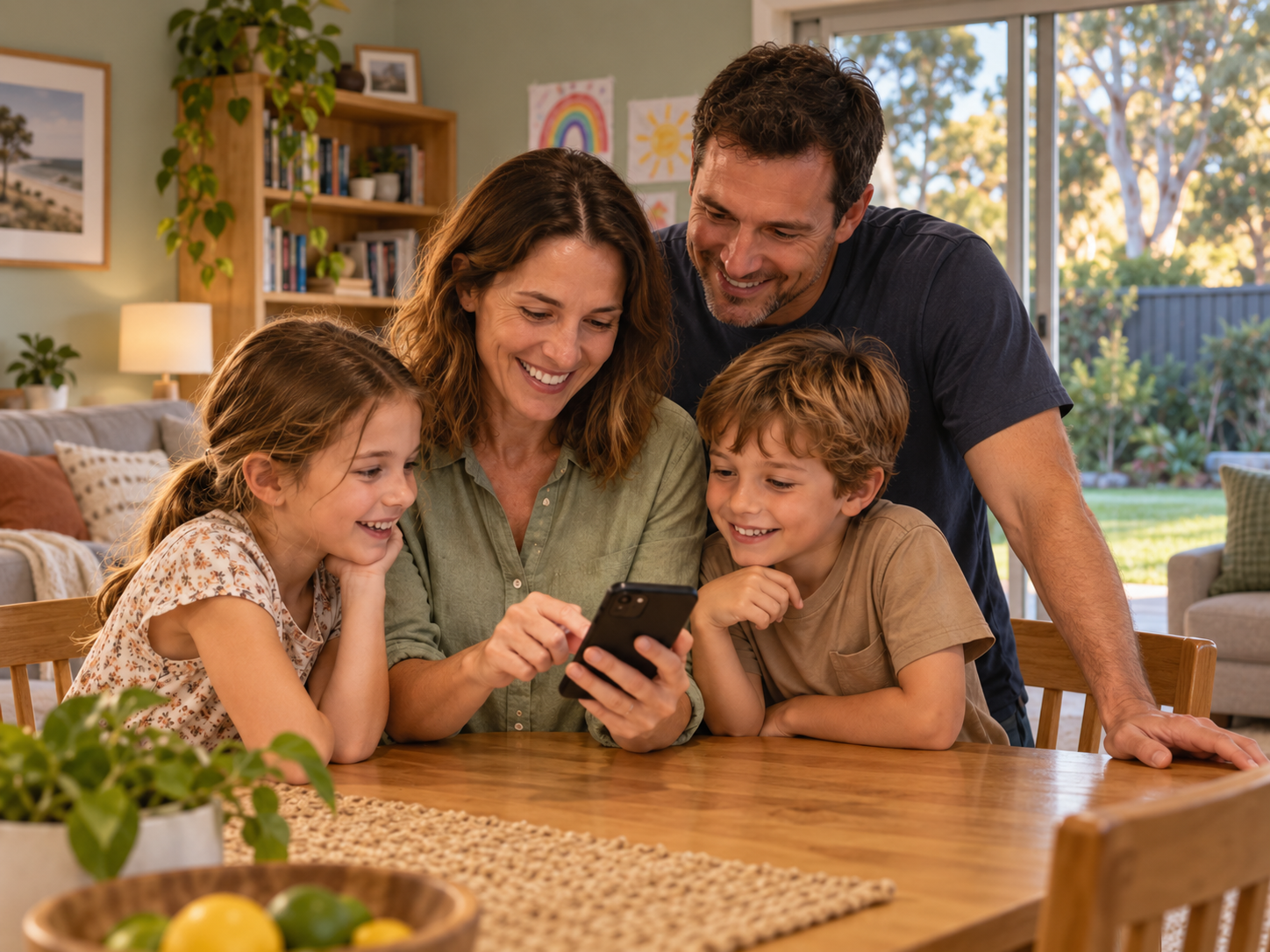 Illustrative Australian family choosing pizzas together on a phone at home