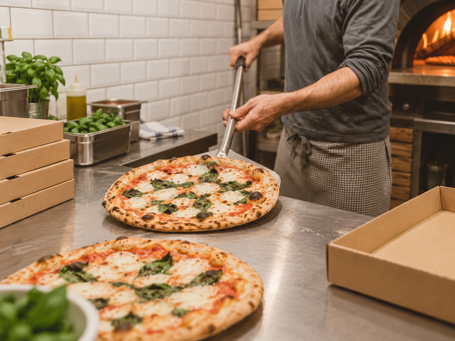 Illustrative pizza maker preparing fresh pizzas in a tiled Australian pizza shop