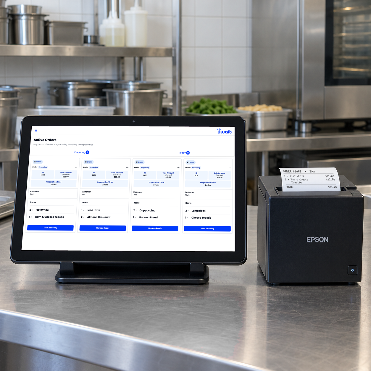 Ywait orders displayed on a tablet beside an optional docket printer
