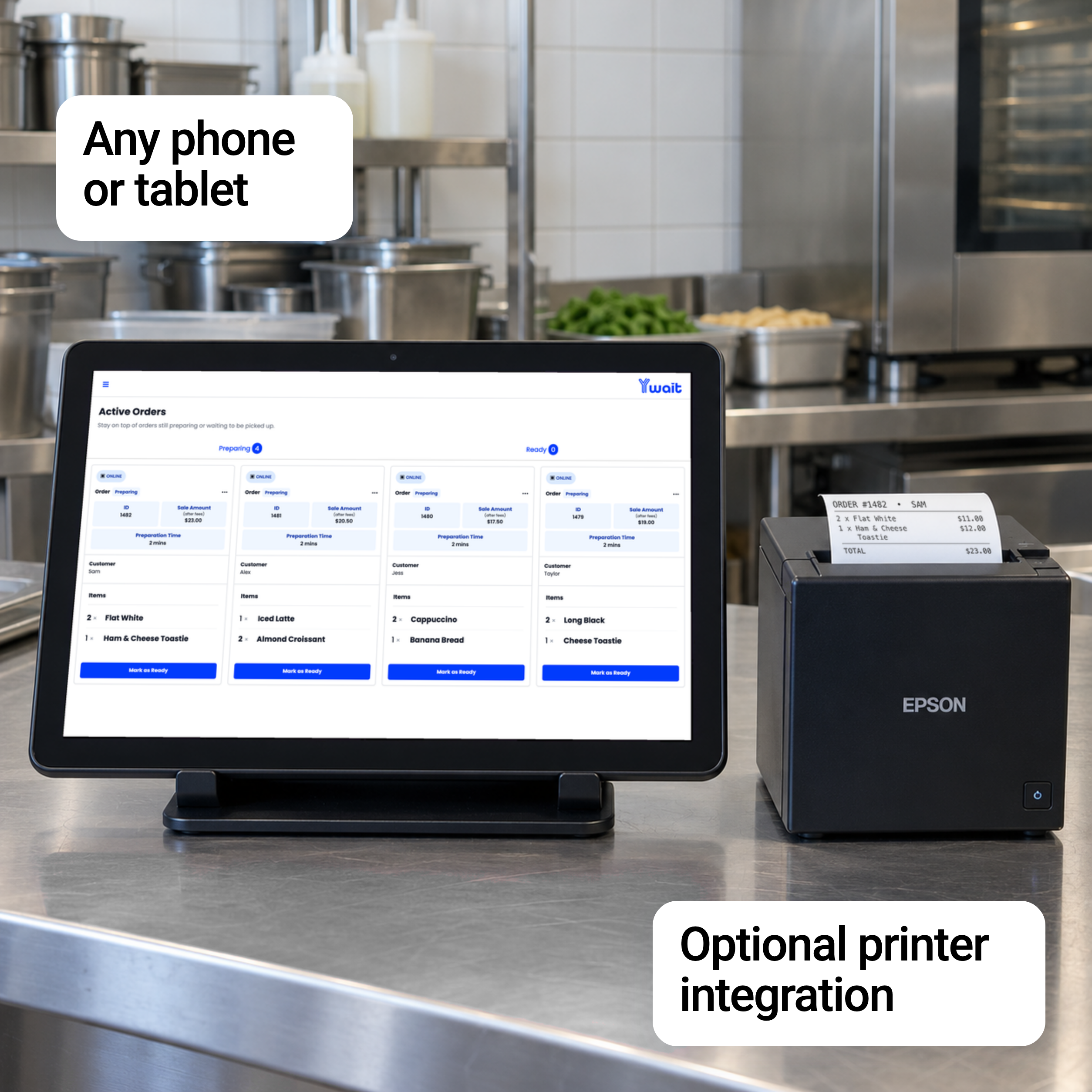 Ywait orders displayed on a tablet beside an optional docket printer