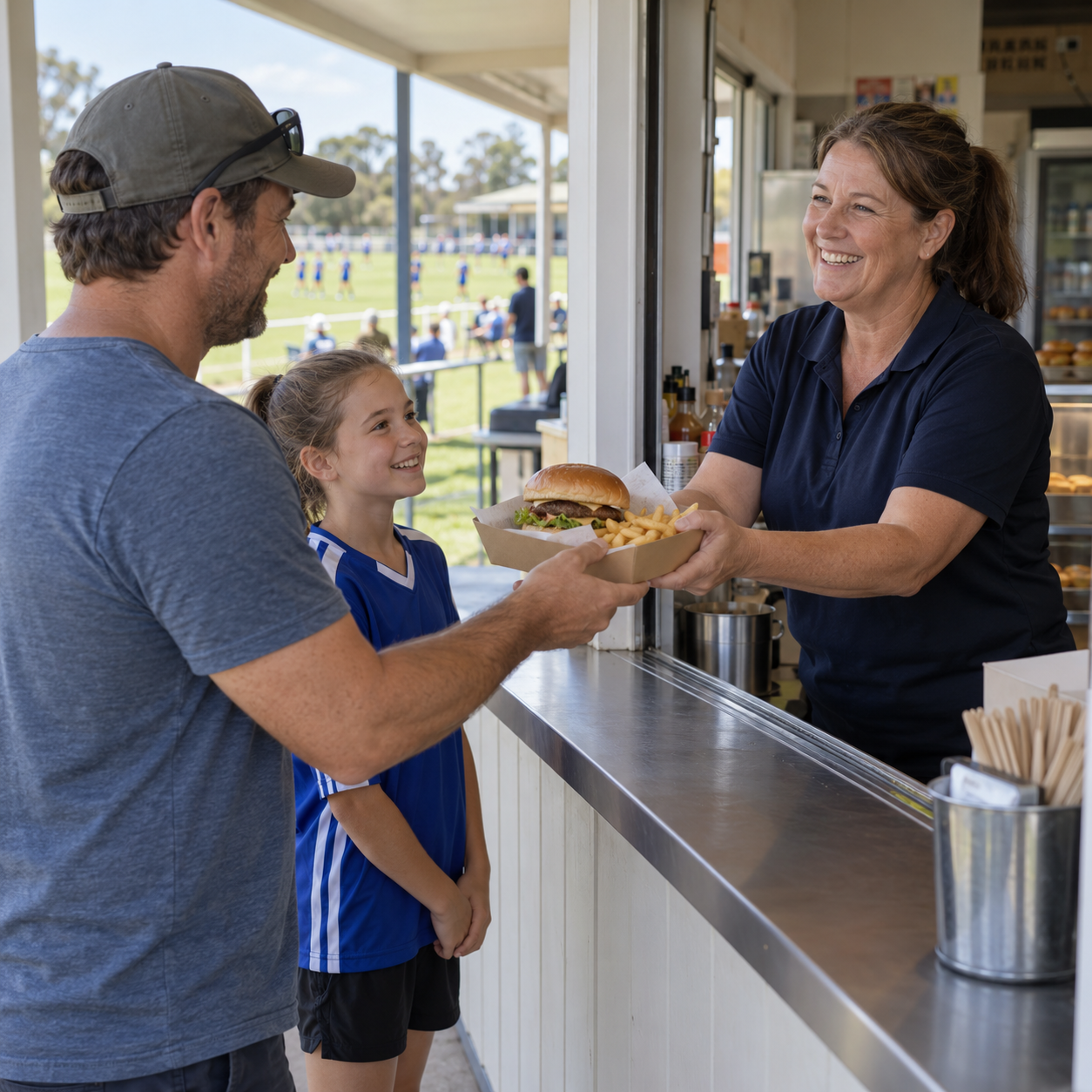 Illustrative photo of a canteen team member handing a burger and chips to a family at a community sports canteen