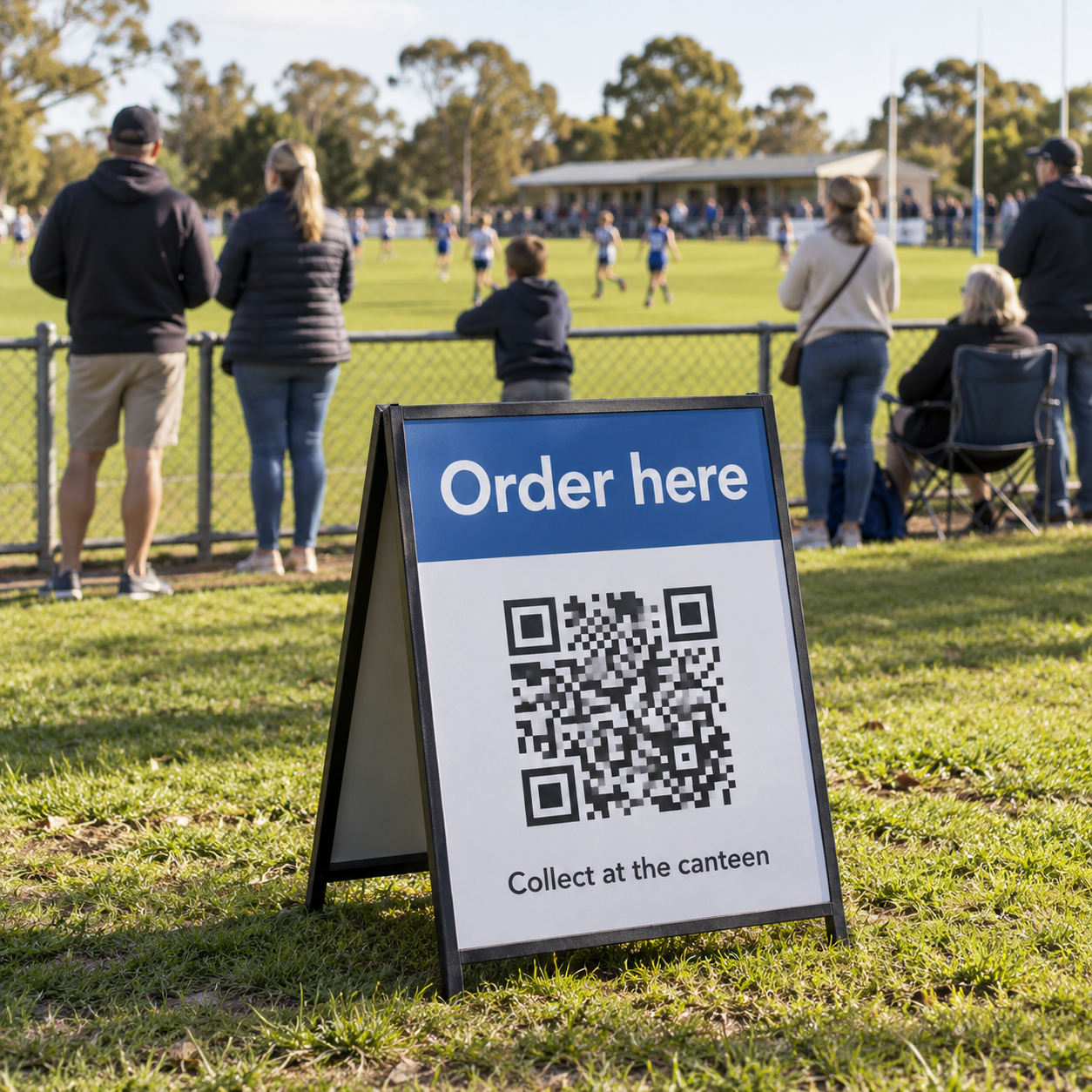 Illustrative ordering sign beside a sports ground