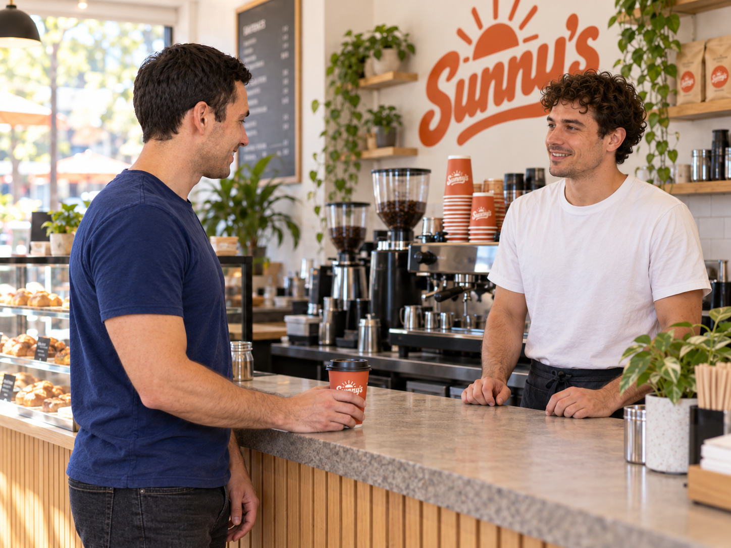 Illustrative Sunny’s customer in a navy T-shirt collecting one flat white from the café counter