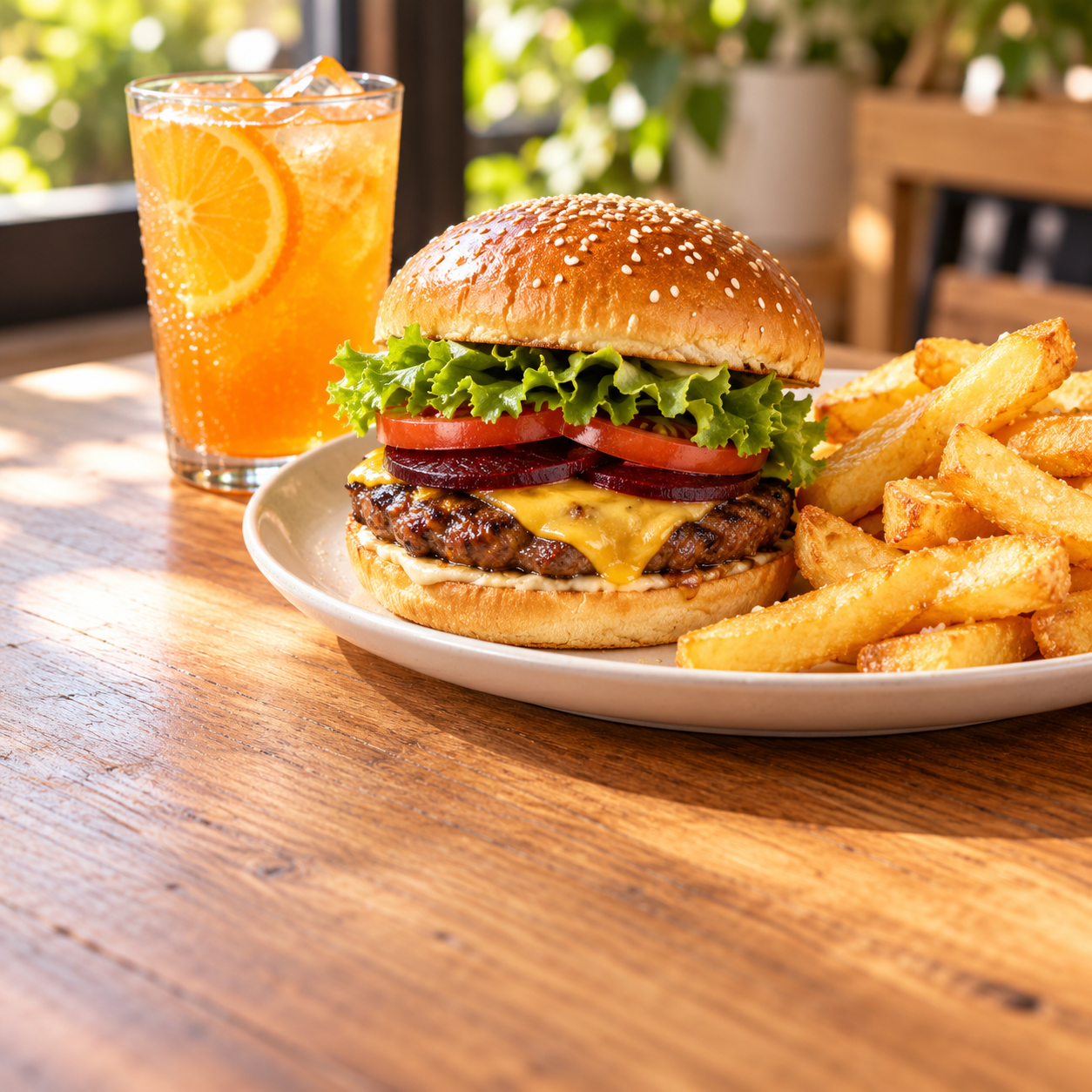 Illustrative Sunny’s burger, chips and drink, with an item-options preview