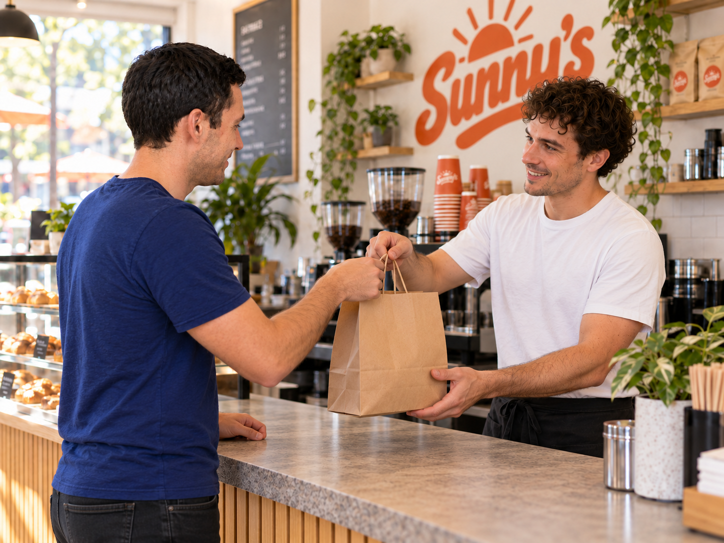 Illustrative navy-shirt customer collecting his food from the same white-shirt Sunny’s merchant who prepared it