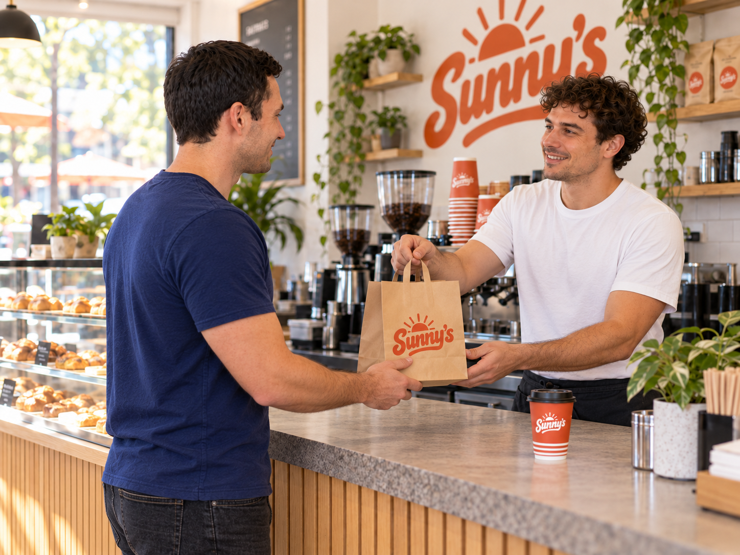 Illustrative Sunny’s owner handing a paid takeaway order to a customer