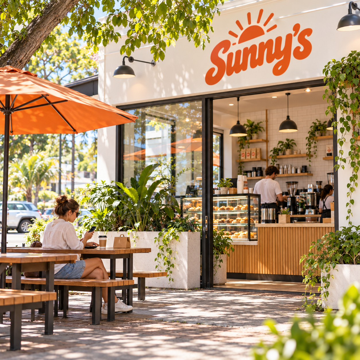 Illustrative customer waiting outside Sunny’s on a shaded Australian street