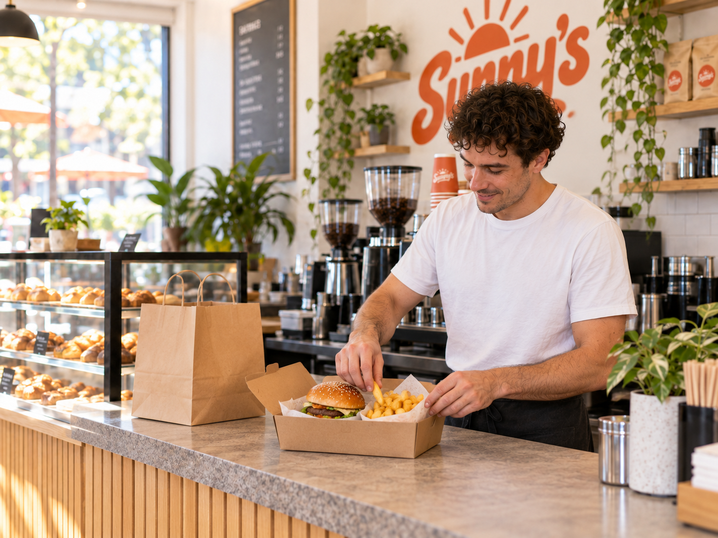Illustrative Sunny’s owner packing a burger and chips for collection