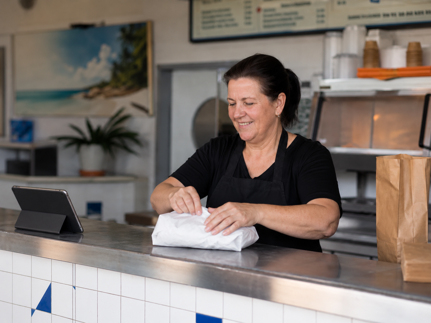 The takeaway worker wrapping an order beside her tablet in the shop